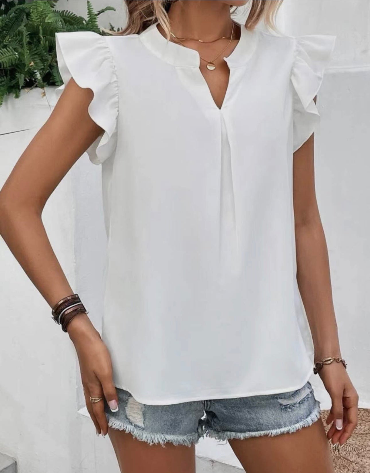 White Ruffle V-Neck Top
