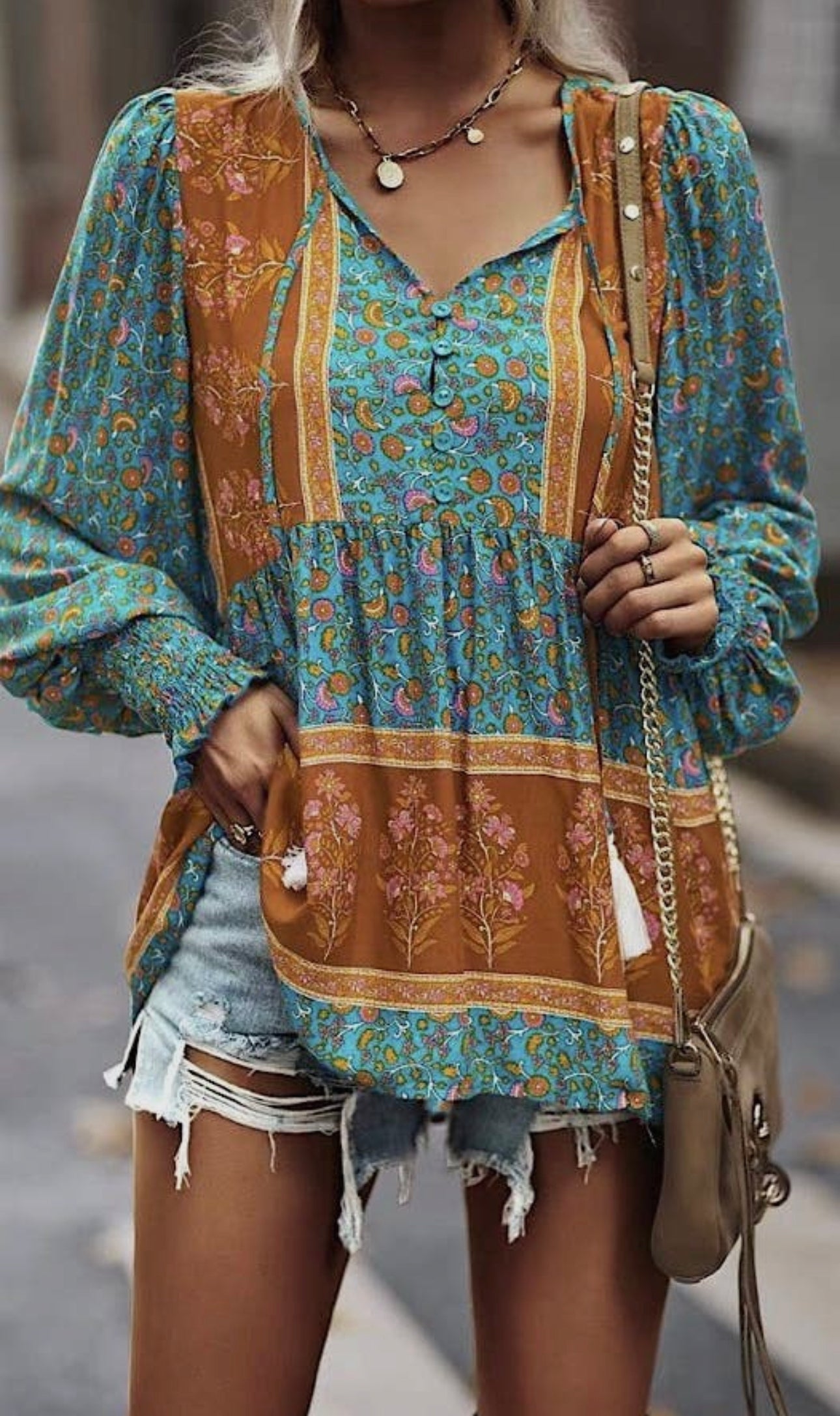 Printed Long Sleeve Boho Blouse Southern Peach Apparel and Design