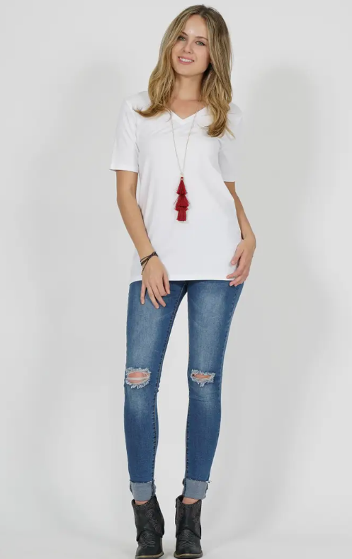 White Cotton V-Neck Short Sleeve Tee