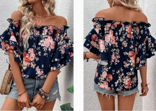 Navy Ruffle Off Shoulder Blouse