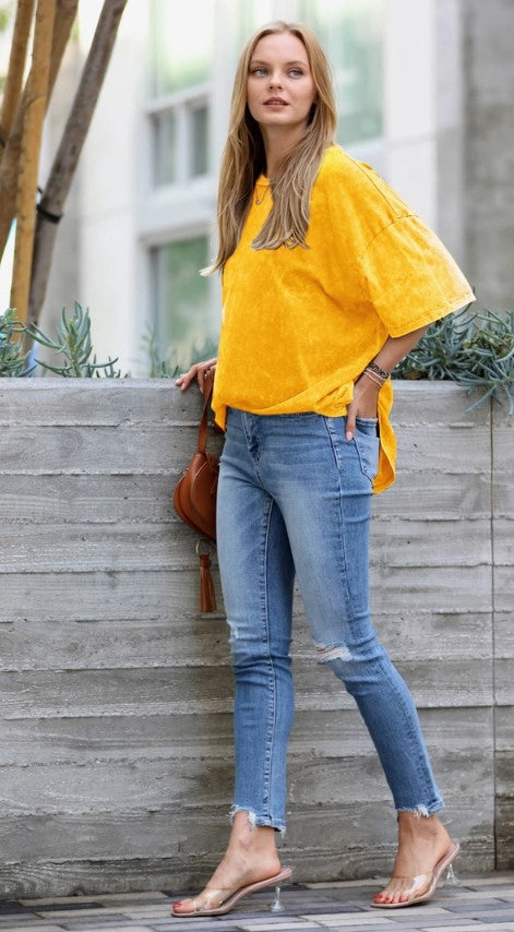 Acid Wash Cotton Oversized Tee-Yellow Gold