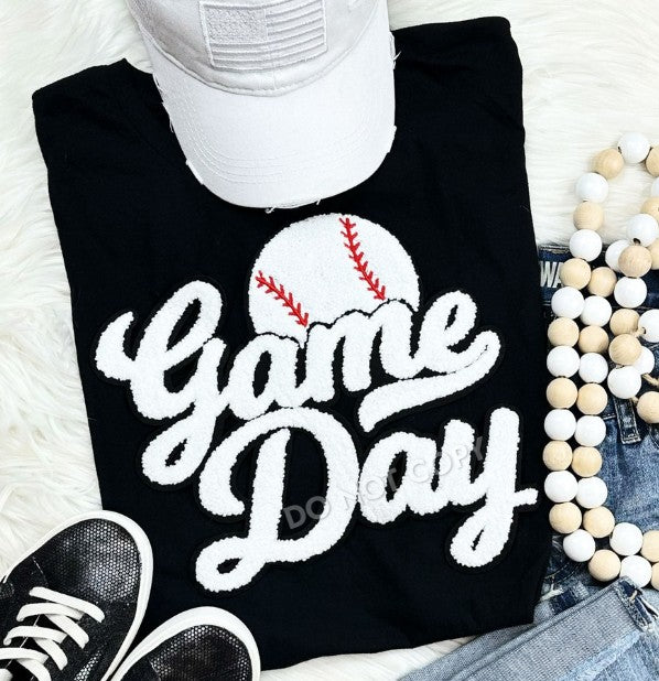 Baseball Game Day Chenille Patch Top- White