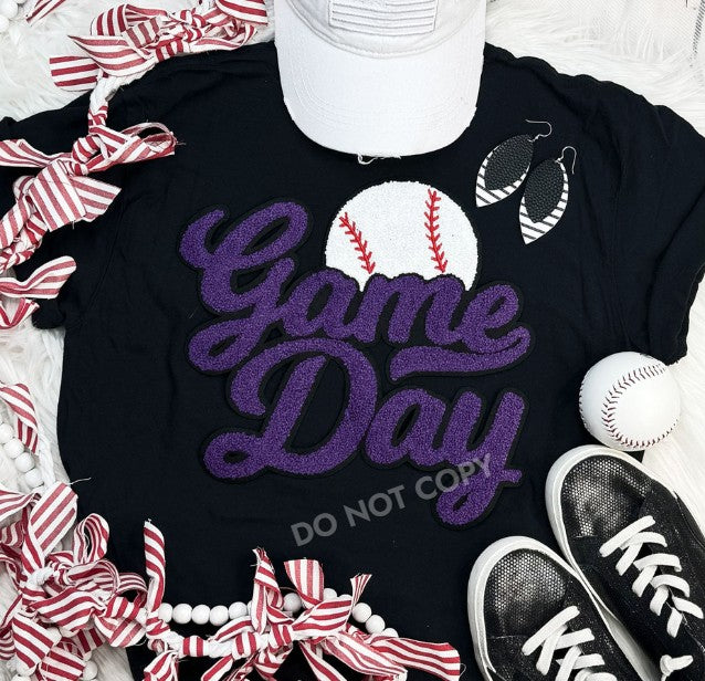 Baseball Game Day Chenille Patch Top- Purple