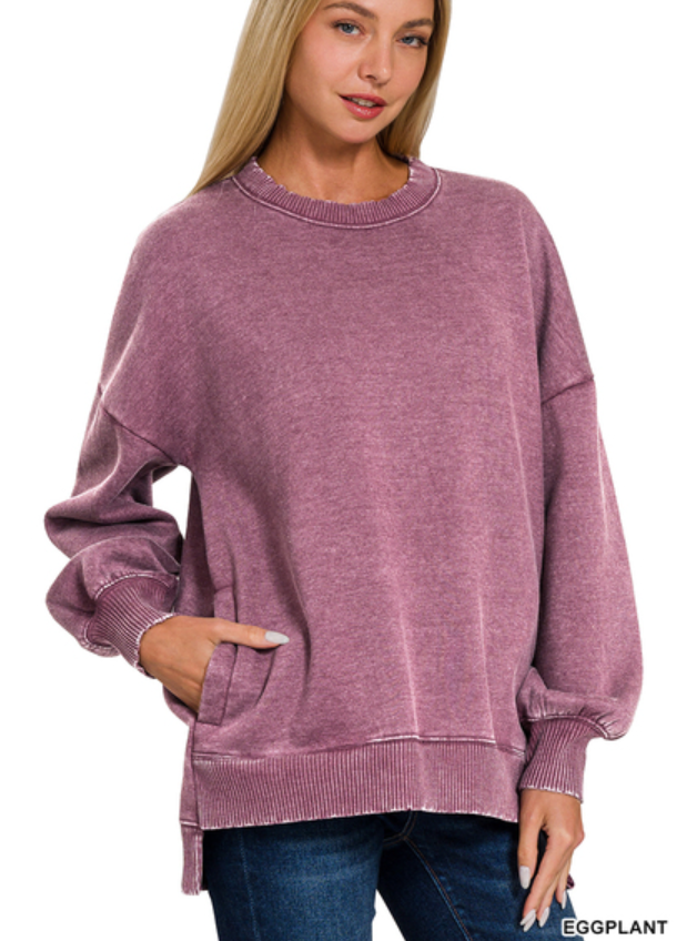 Acid Wash Hi-Low Fleece Pocket Pullover