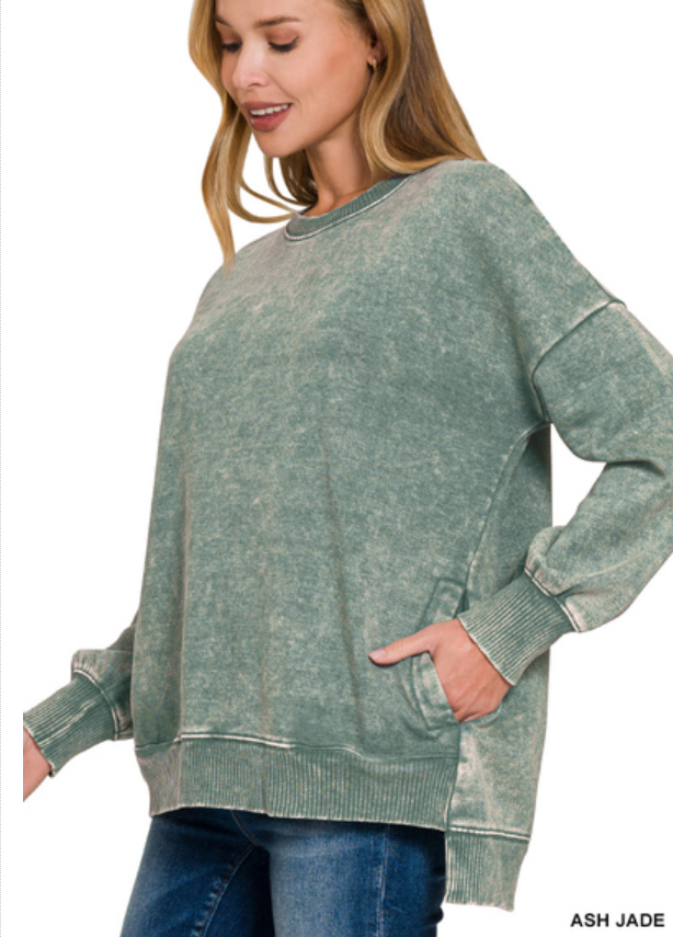 Acid Wash Hi-Low Fleece Pocket Pullover