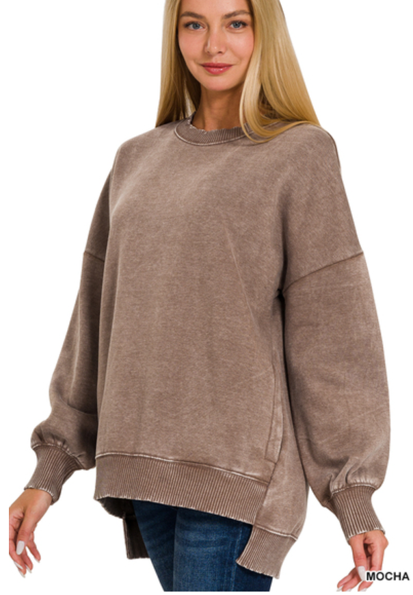 Acid Wash Hi-Low Fleece Pocket Pullover