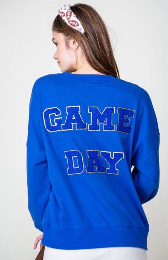 Chenille Football Game Day Sweatshirt- Blue
