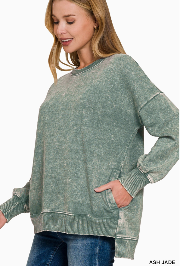 Acid Wash Hi-Low Fleece Pocket Pullover
