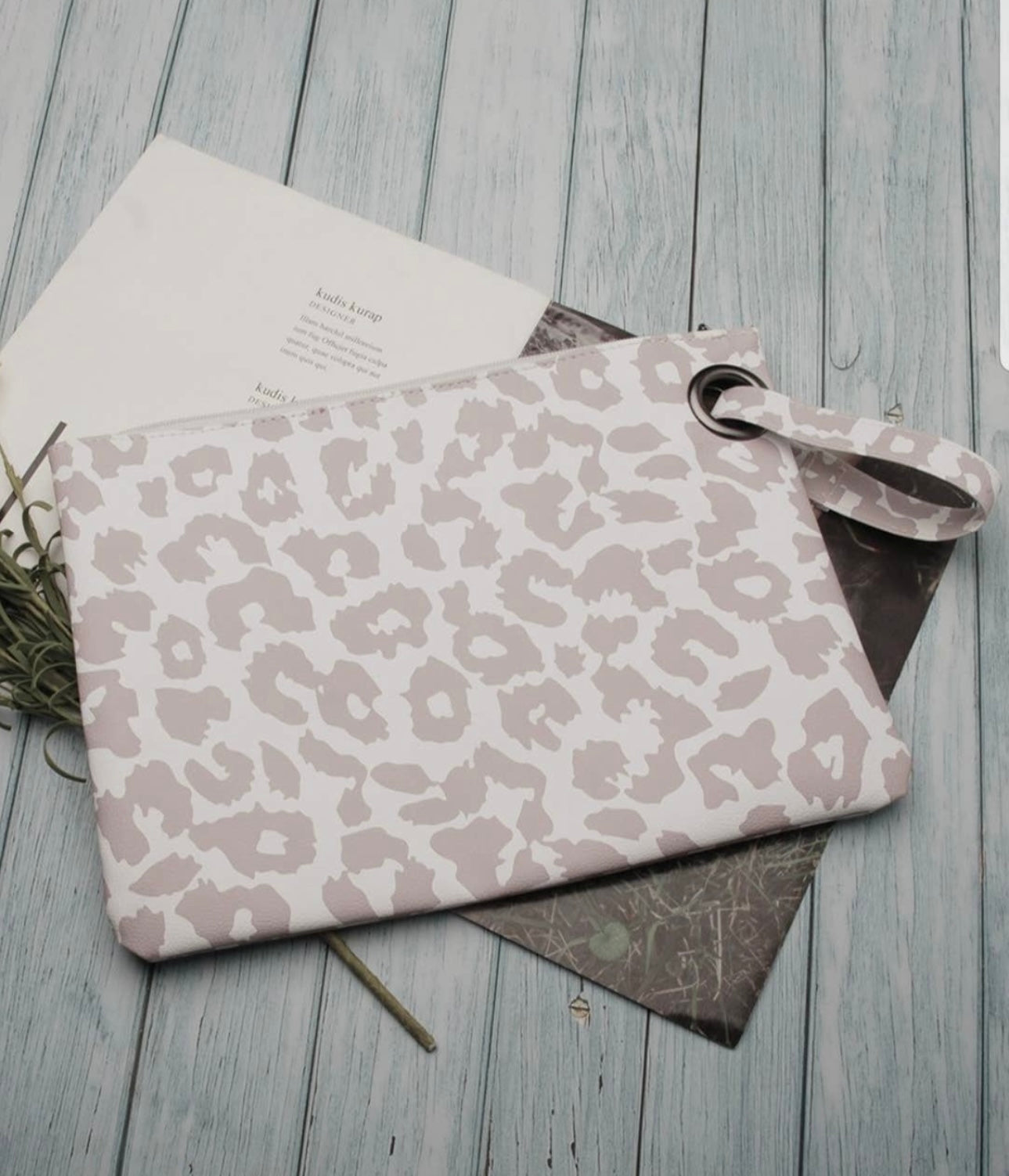 White and Tan Leopard Oversized Clutch