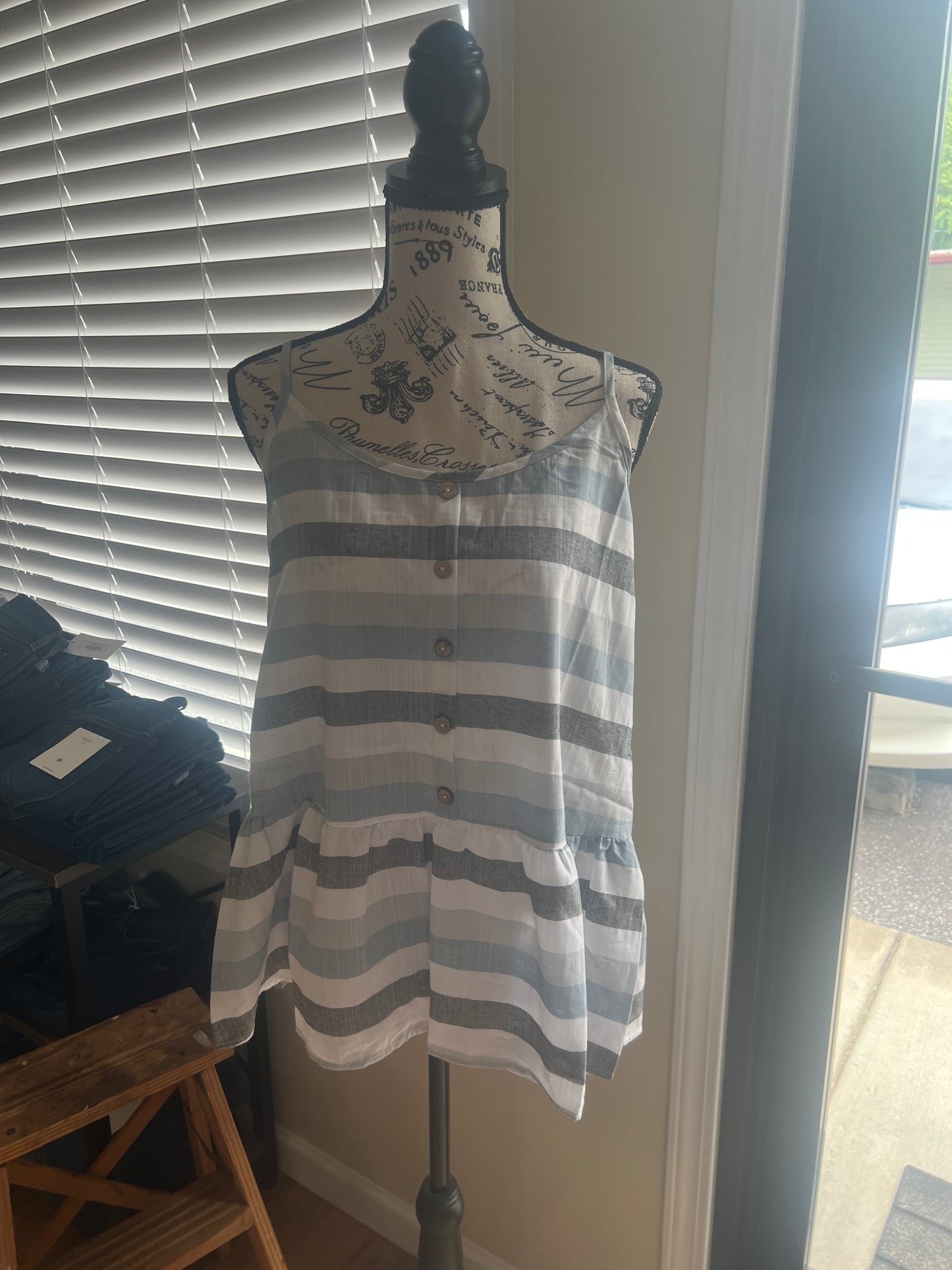 Linen Striped Peplum Top- Blue