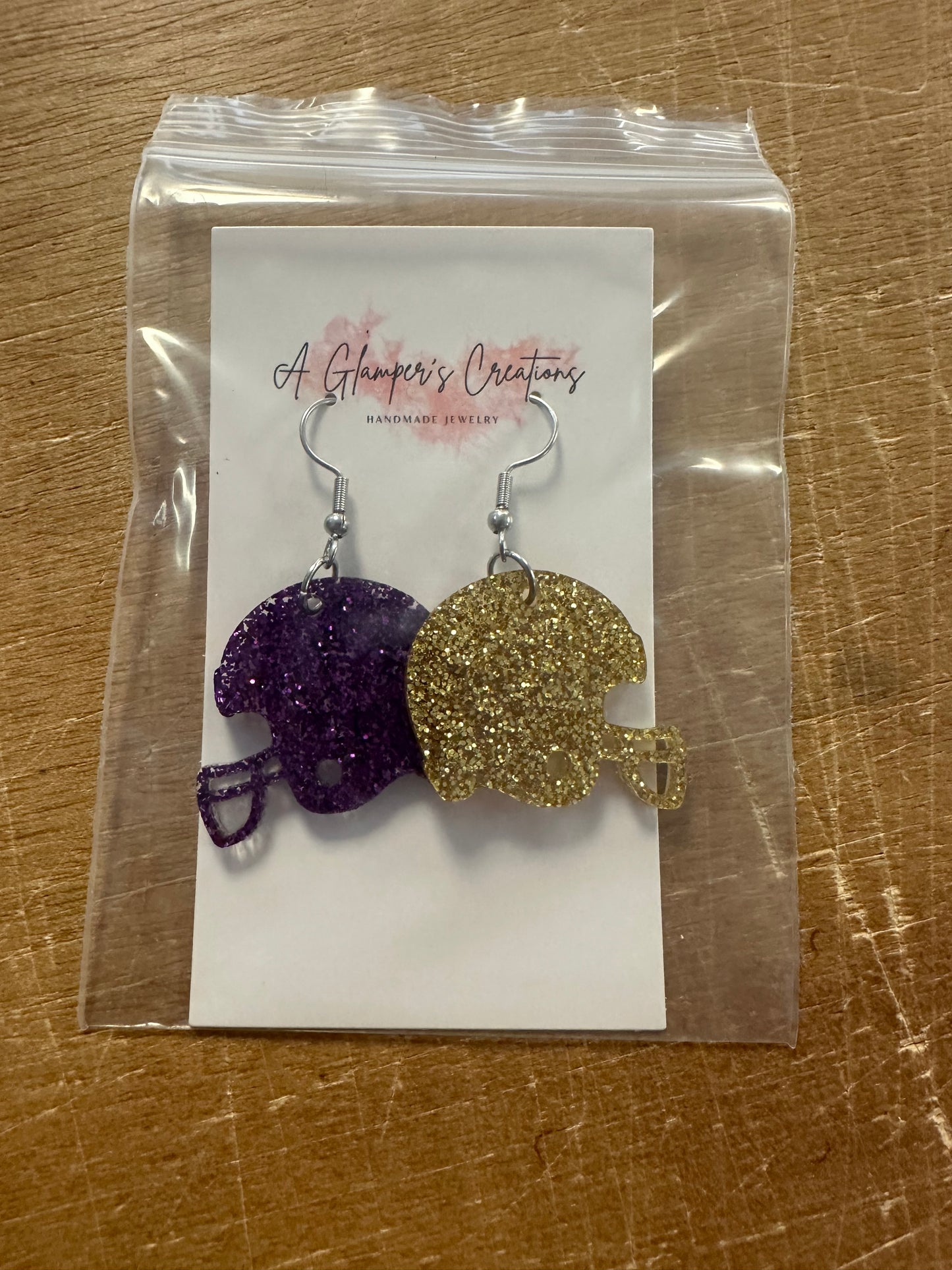 Purple and Gold Football Helmet Dangle Earrings