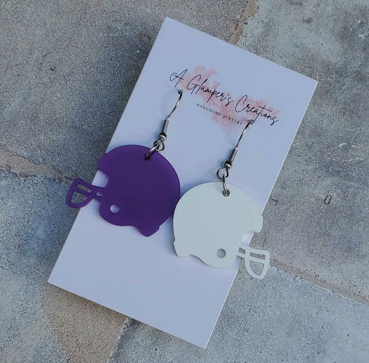 Purple and White Football Helmet Dangle Earrings