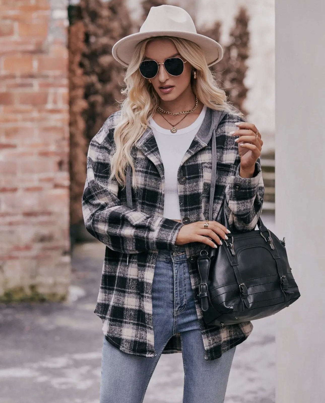 Women's Oversized Hooded Plaid Shirt-Black