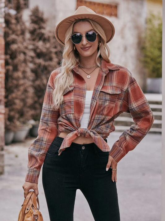 Women's Oversized Plaid Shirt-Caramel