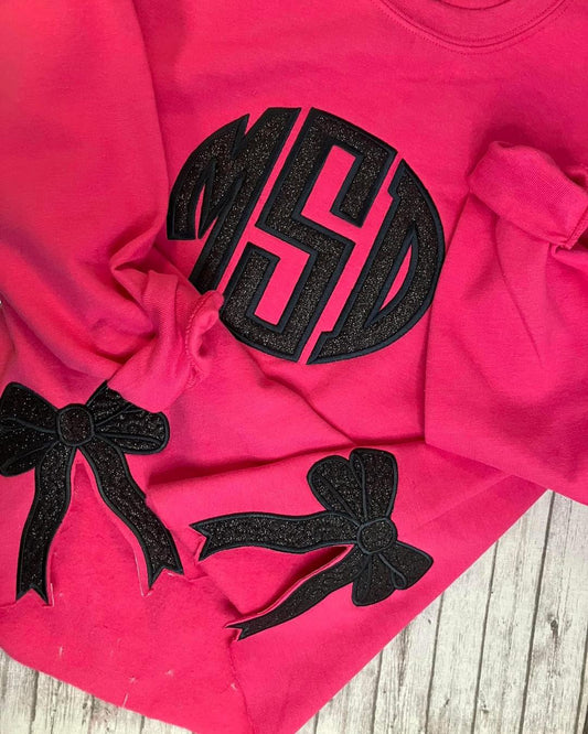 Circle Glitter Appliqué Monogram Sweatshirt w/ Side Bows