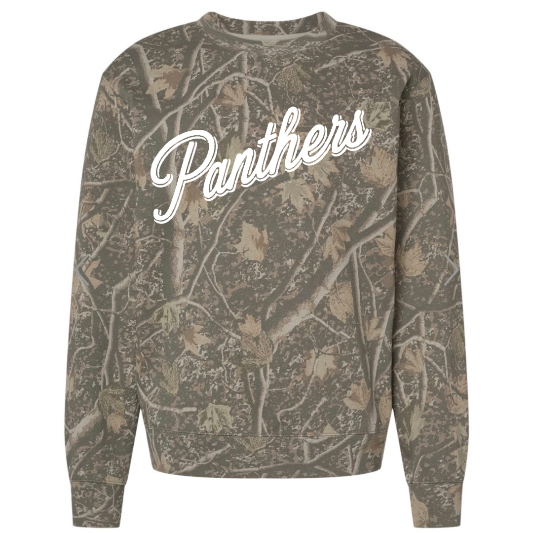 Panther Script Embroidered Deadwood Camo Crewneck
