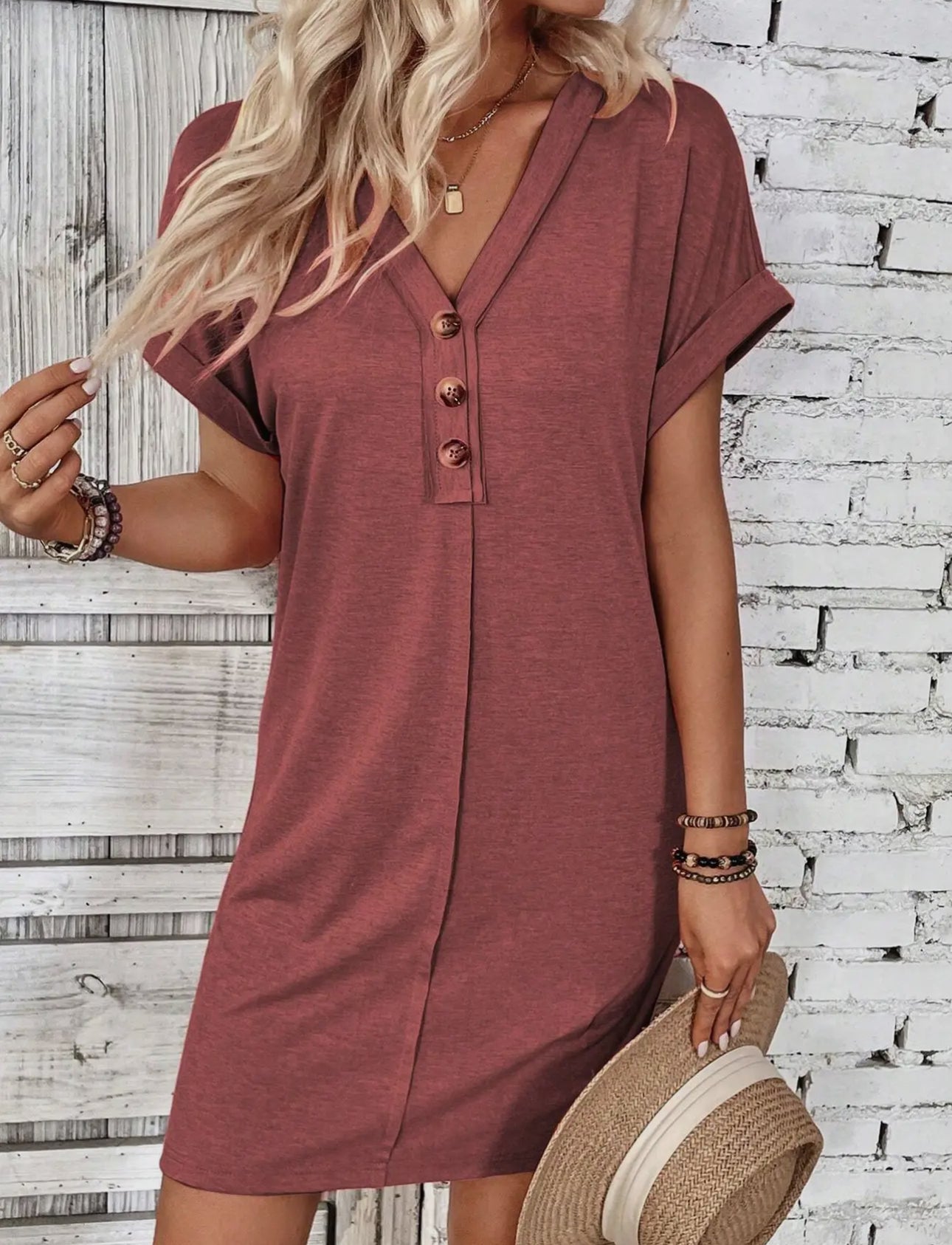 V-Neck Boat Sleeve T-Shirt Dress