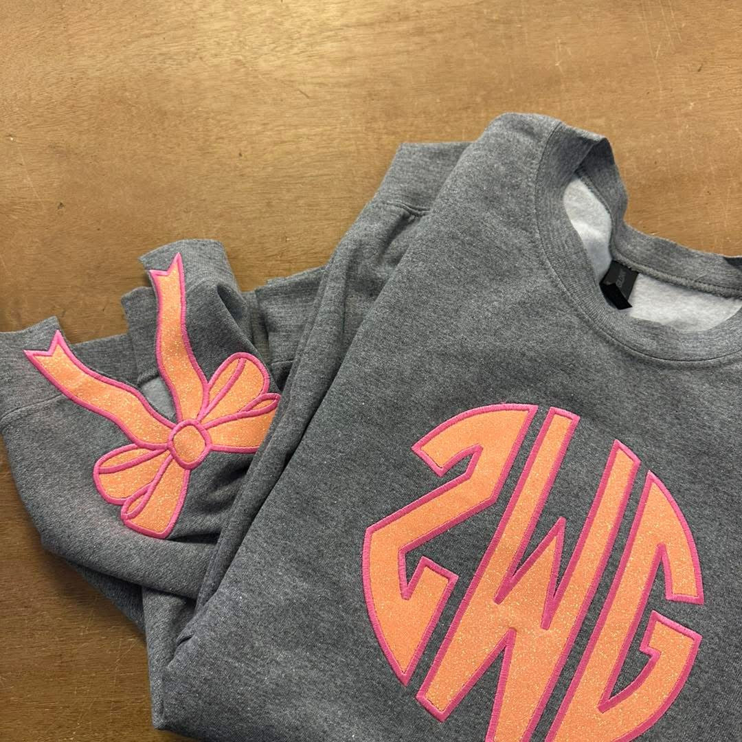 Circle Glitter Appliqué Monogram Sweatshirt w/ Side Bows