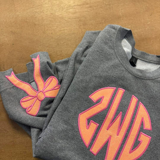 Circle Glitter Appliqué Monogram Sweatshirt w/ Side Bows