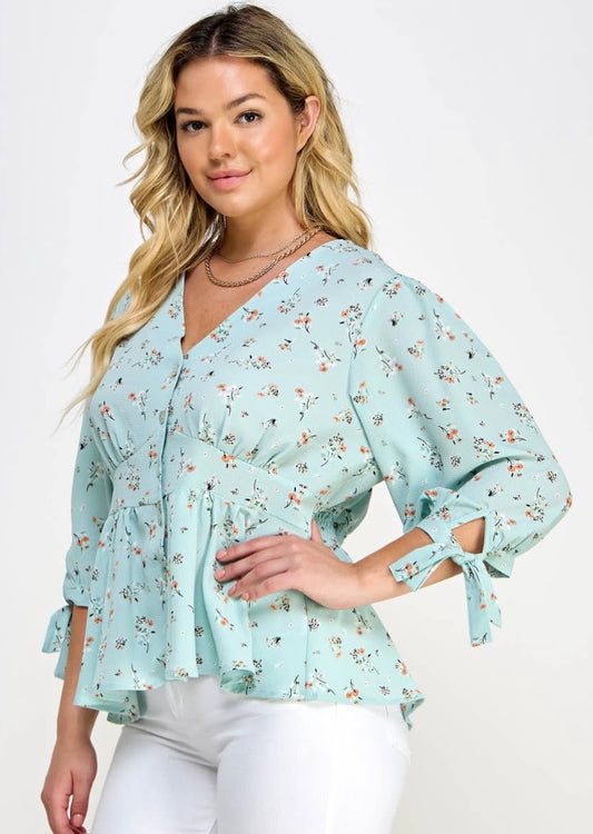 Blue Floral Print Babydoll Blouse- Plus