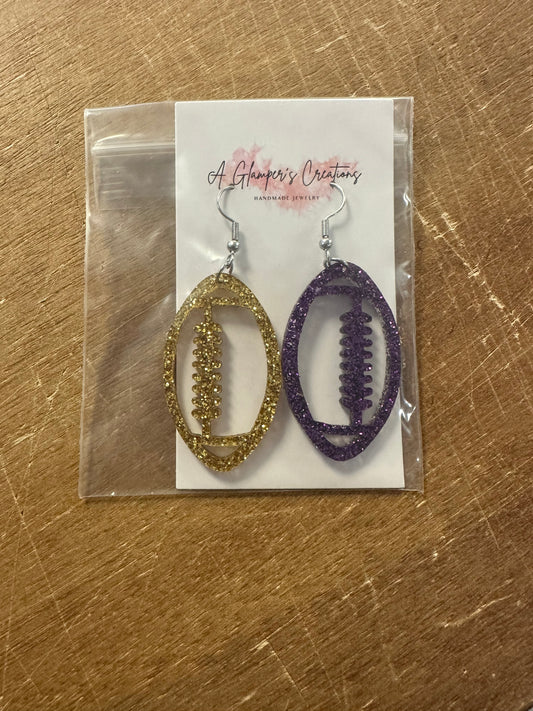 Purple and Gold Football Dangle Earrings