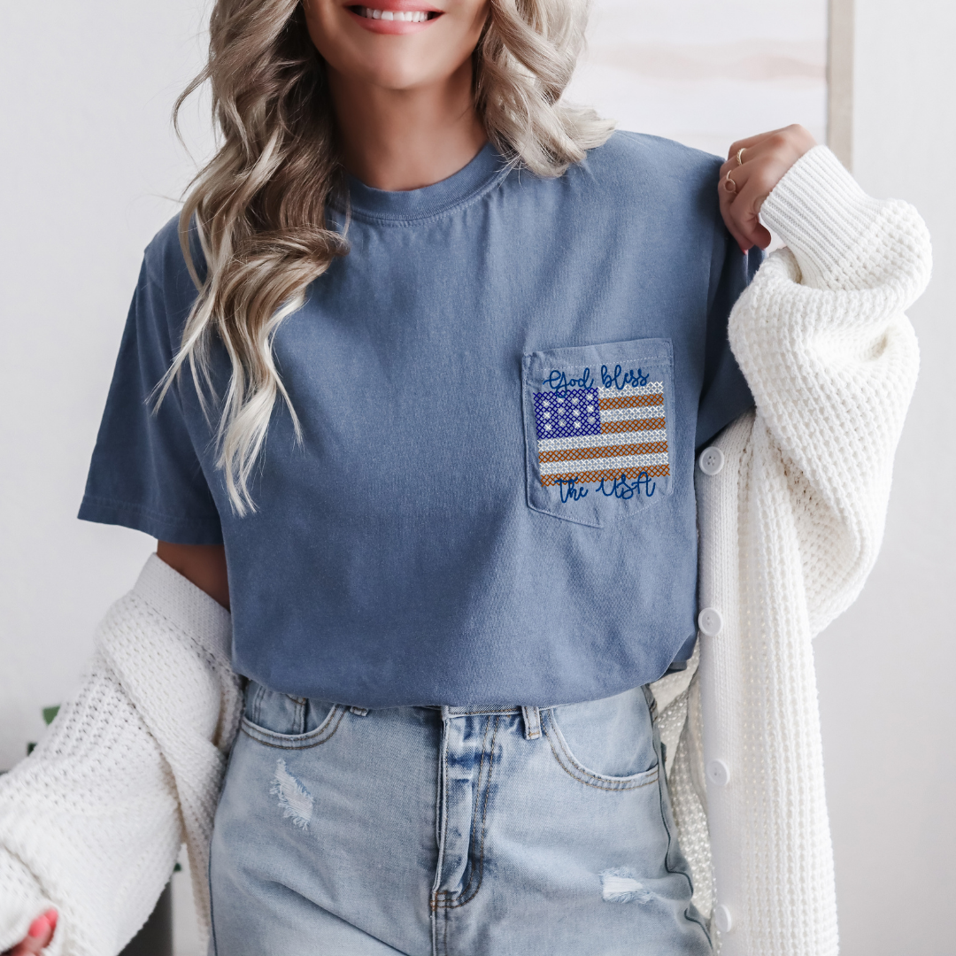 God Bless the USA Pocket Embroidery CC Tee