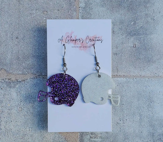 Purple and White Glitter Football Helmet Dangle Earrings