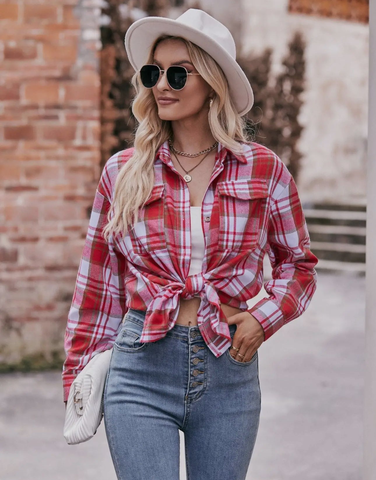 Women's Oversized Plaid Shirt-Red