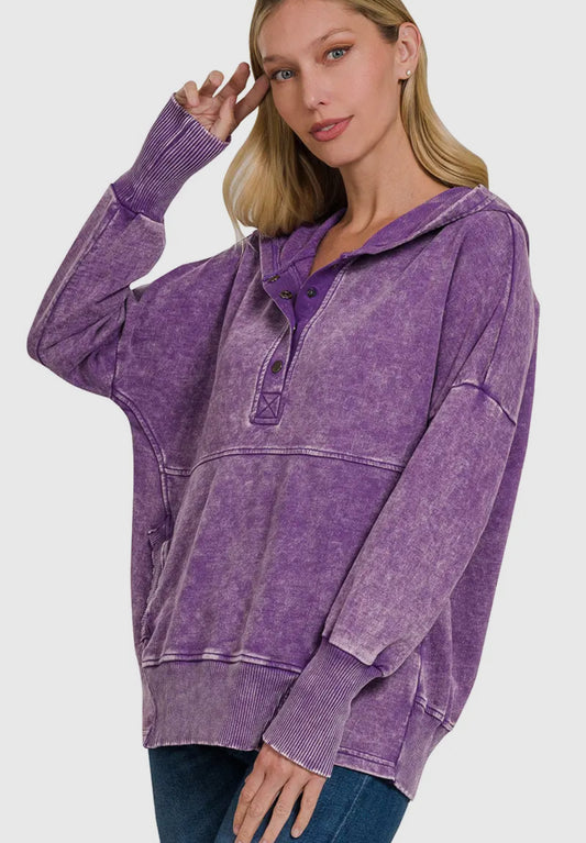 Acid Wash Kangaroo Pocket Hoodie- Purple