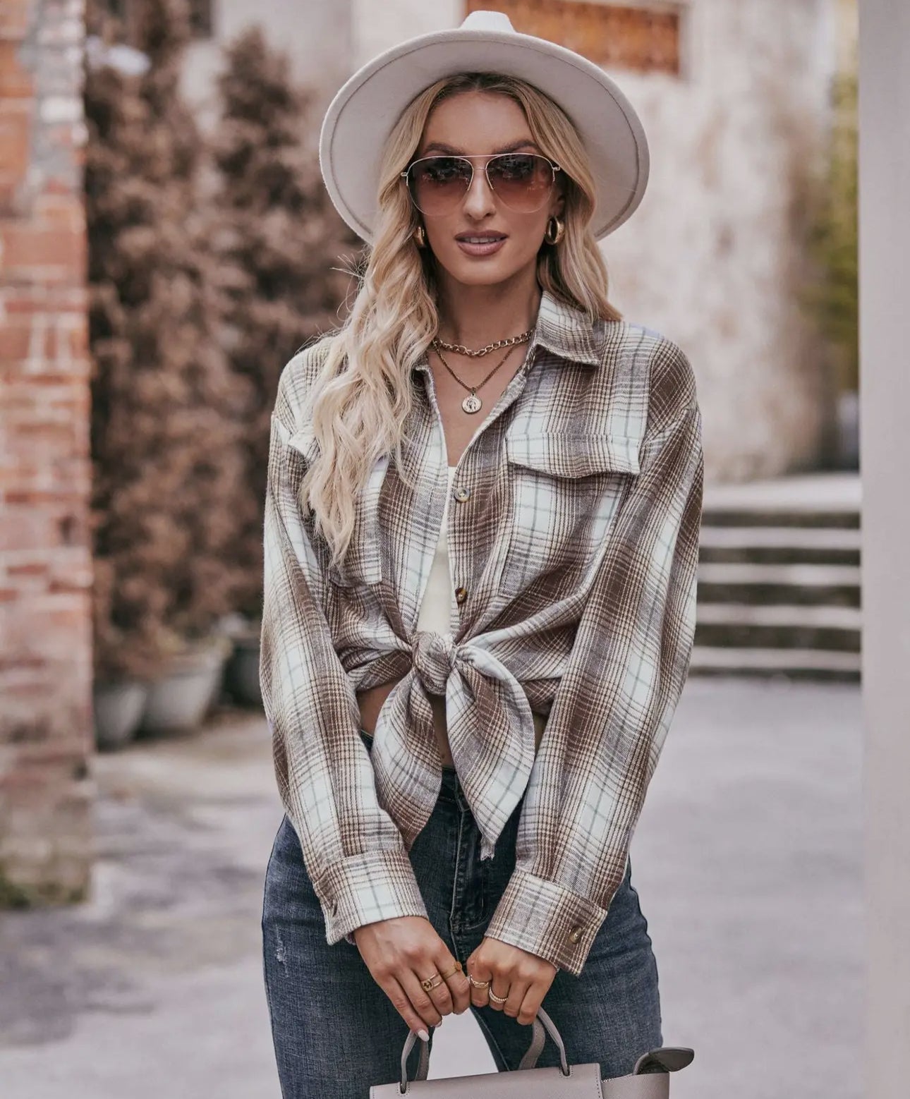 Women's Oversized Plaid Shirt-Coffee