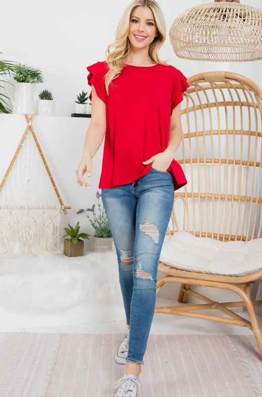 Red Boat Neck Ruffle Cap Sleeve Top- Plus