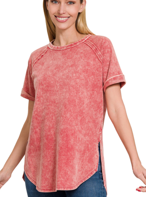 French Terry Acid Wash Cuffed Sleeve Top