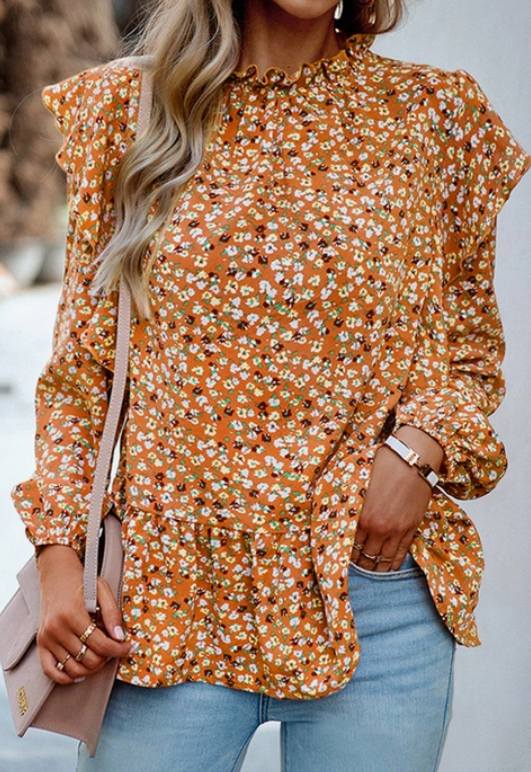 Ruffle Frill Neck Floral Peplum Top-Orange