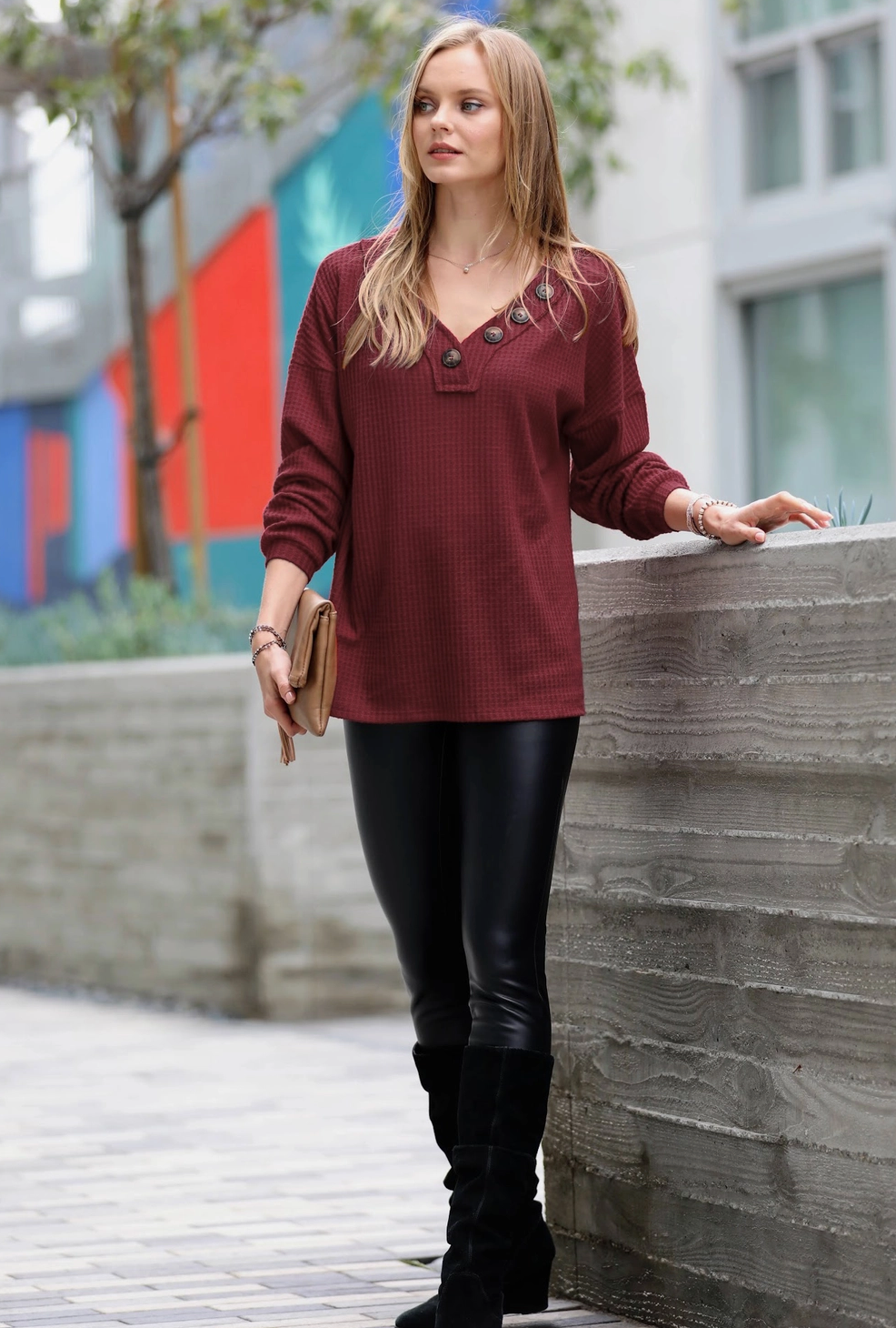 Brushed Waffle V-Neck Sweater with Button Detail