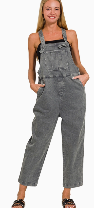 Acid Washed Knot Strap Relaxed Fit Overalls