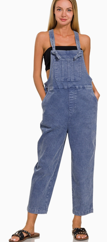 Acid Washed Knot Strap Relaxed Fit Overalls