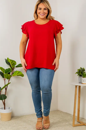 Red Ruffle Sleeve Blouse- Plus