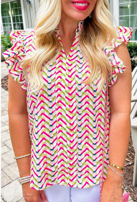 Chevron Ruffle Sleeve Blouse