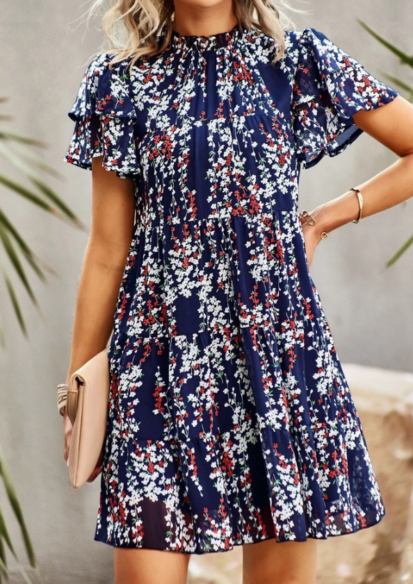 Blue Floral Ruffle Dress