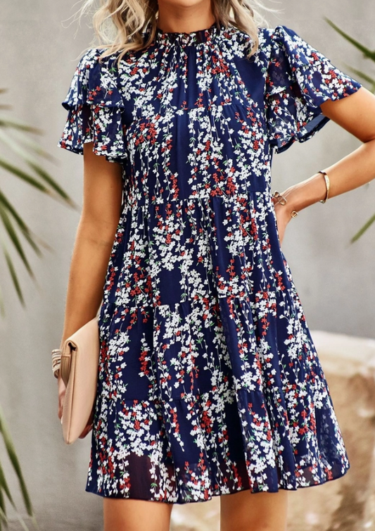 Blue Floral Ruffle Dress