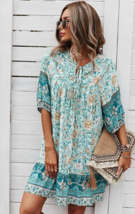 Teal Floral Tie Dress