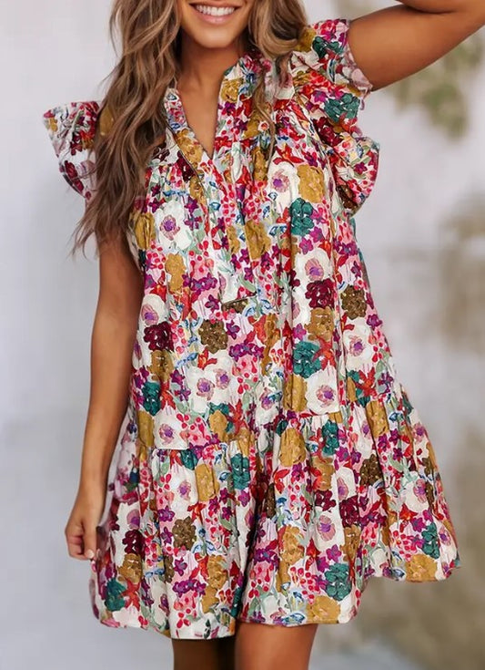 Floral Split Neck Flutter Sleeve Dress