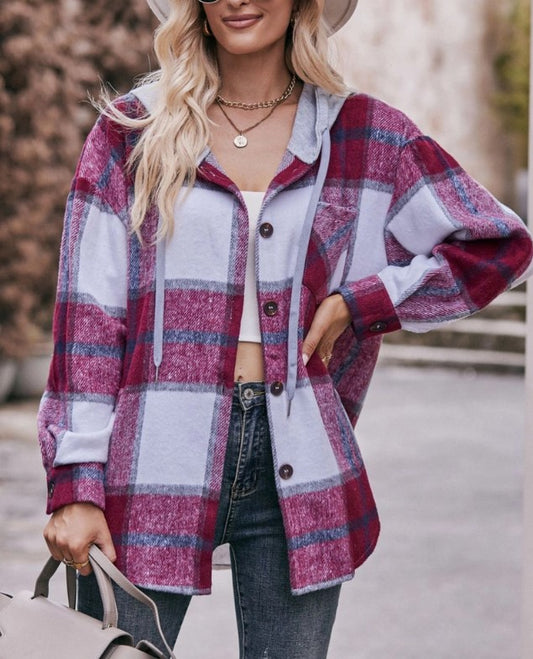 Hooded Plaid Jacket- Red