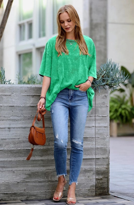 Acid Wash Cotton Oversized Tee-Kelly Green