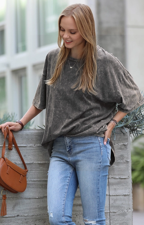 Acid Wash Cotton Oversized Tee- Ash Black