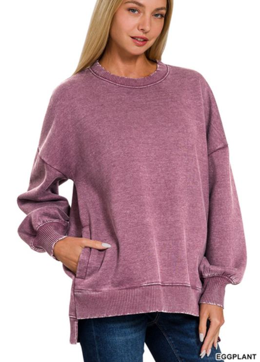 Acid Wash Hi-Low Fleece Pocket Pullover
