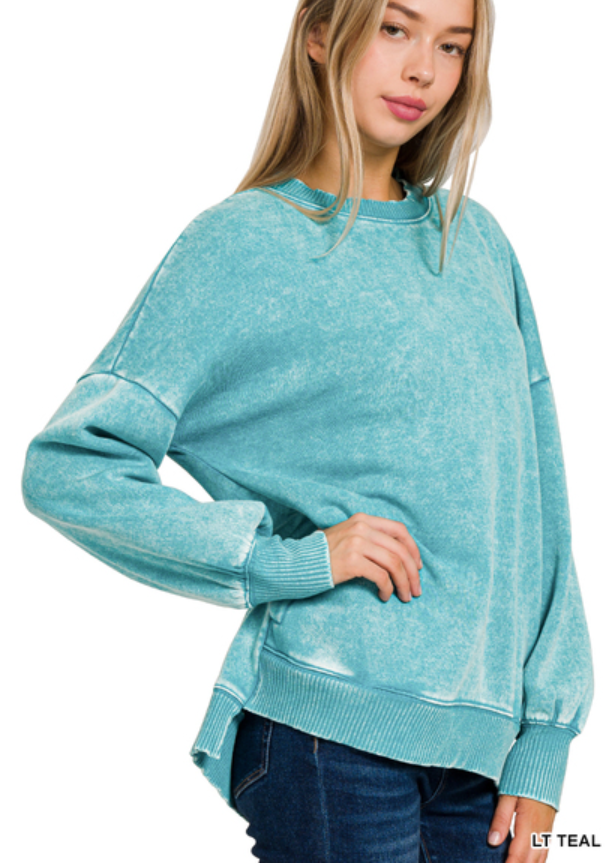 Acid Wash Hi-Low Fleece Pocket Pullover