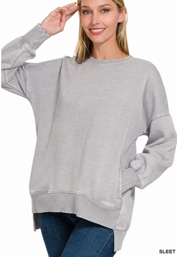 Acid Wash Hi-Low Fleece Pocket Pullover