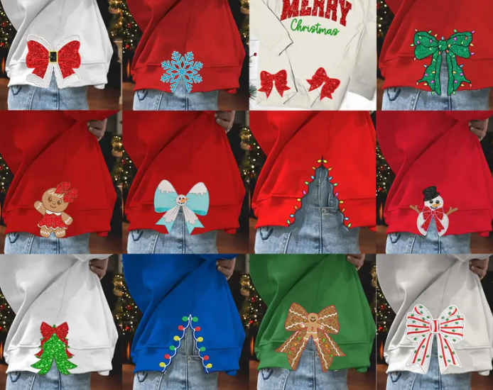 Christmas Theme Side Bow Applique Crewneck- Adult