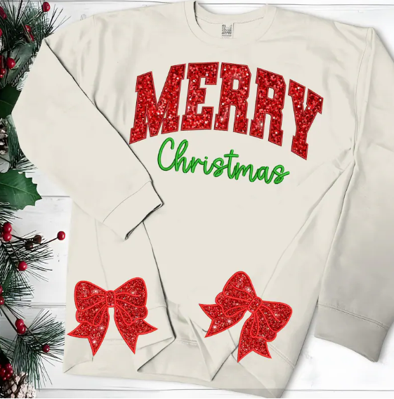 Christmas Theme Side Bow Applique Crewneck- Adult